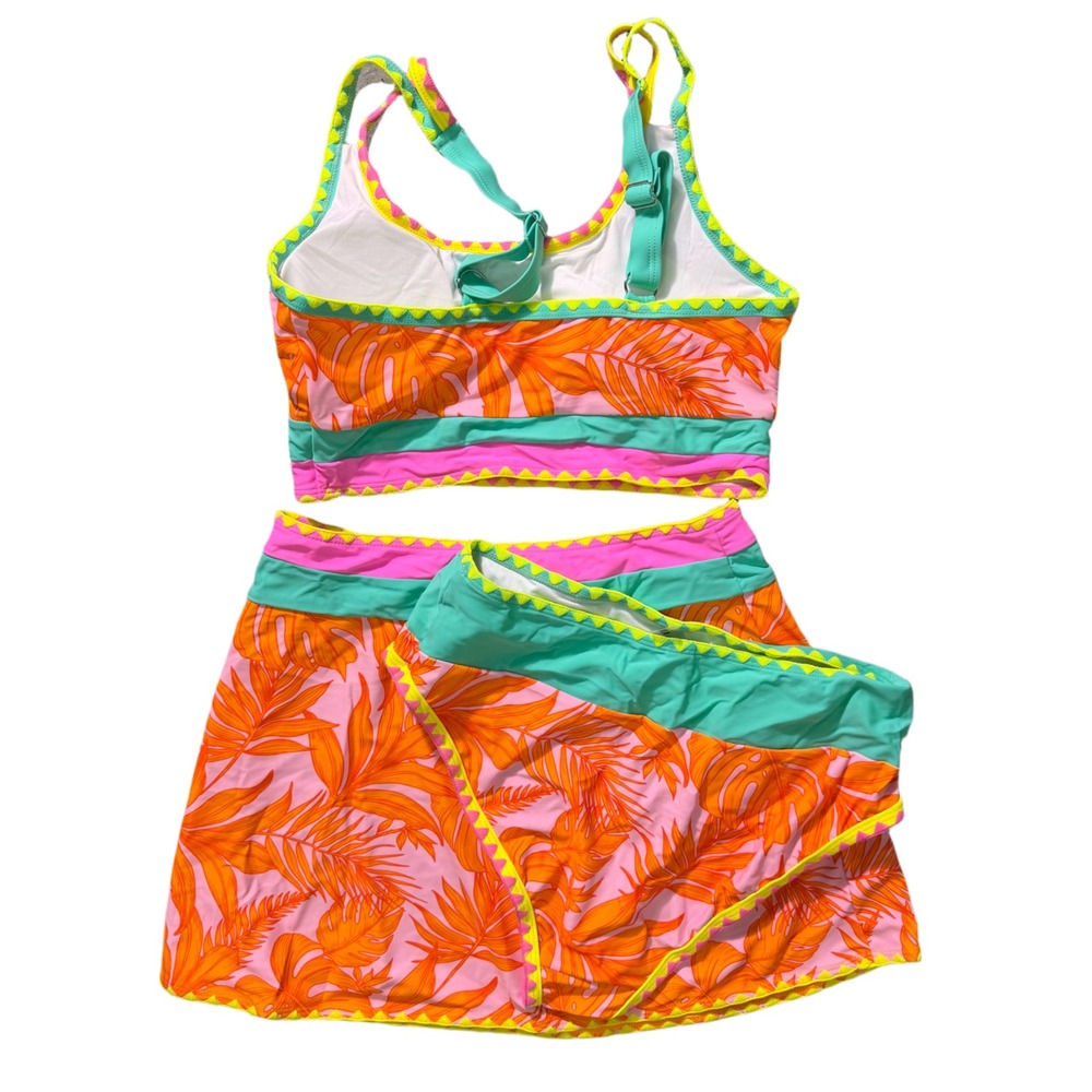 NWT Popvil Neon Orange Tropical 3 Piece Bikini Set High Waist W/ Skirt Medium - Picture 6 of 7